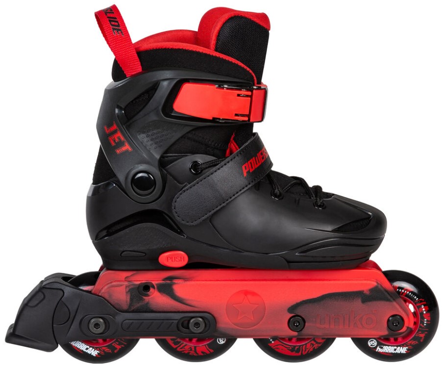 Powerslide Jet Black adjustable inline skate with four wheels