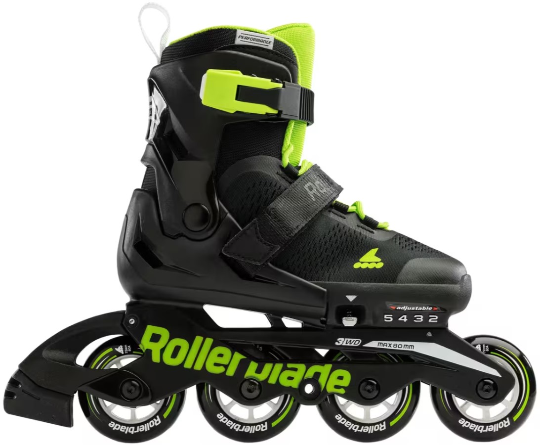 Green black Rollerblade Microblade four wheel inline skate for kids that is adjustable
