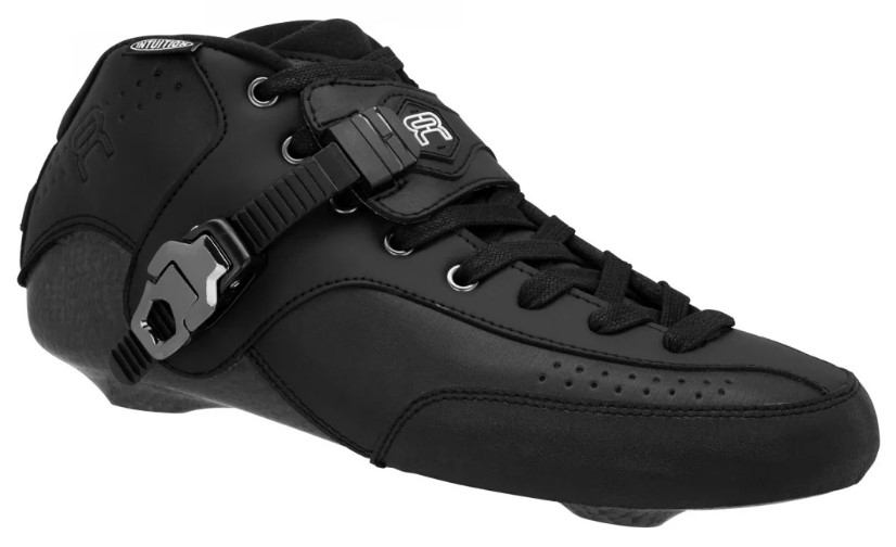 side view of the FR RC165 jump and speed slalom inline skate boot in black